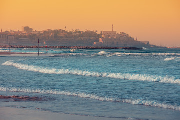 Obraz premium View of the old city of Jaffa. Beautiful sunset over the Mediterranean Sea in Tel Aviv-Yafo, Israel
