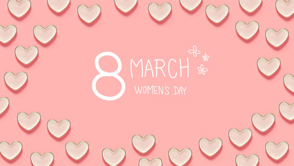 Women's Day message with many heart dishes on a pink background