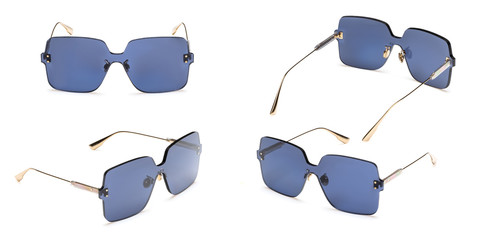 Metal sunglasses with polarizing blue Mirror Lens  isolated on white background. Fashionable summer...