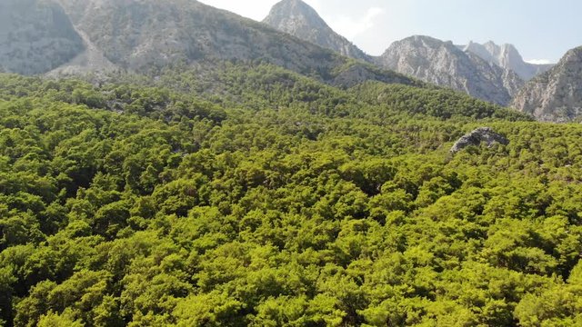 Aerial view of Mountains and Coast National Park in Turkey, Beldibi village