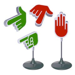 Set of signs of directions form of pointing fingers isolated on white background. Vector cartoon close-up illustration.