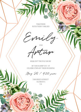 Wedding floral invite invitation card design. Lavender pink garden rose, green tropical palm leaf, succulent plant, greenery eucalyptus branch & rose gold geometrical frame decoration. Luxury template