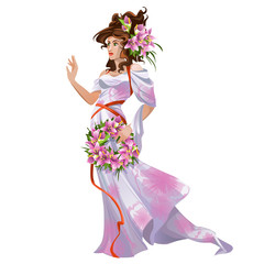 Young woman in dress in oriental style and a wreath of fresh flowers lilies isolated on white background. Vector cartoon close-up illustration.