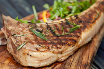 juicy and appetizing steak tamogavok of horse meat on the table, for design in cooking