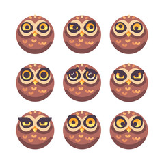 Set of funny owl faces with different expressions