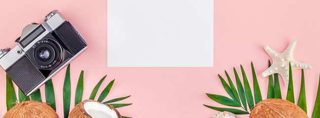 Palm leaves and coconuts on pink mockup