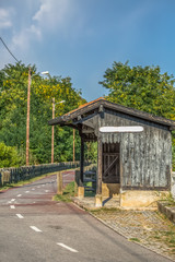 Fototapeta na wymiar View of old train stop, small infrastructure, vintage wooden building, cycle and pedestrian ecopist in Viseu