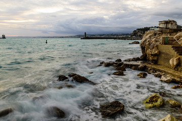 Beautiful seascape. Storm at sea. Harbor in Nice, French Riviera, France