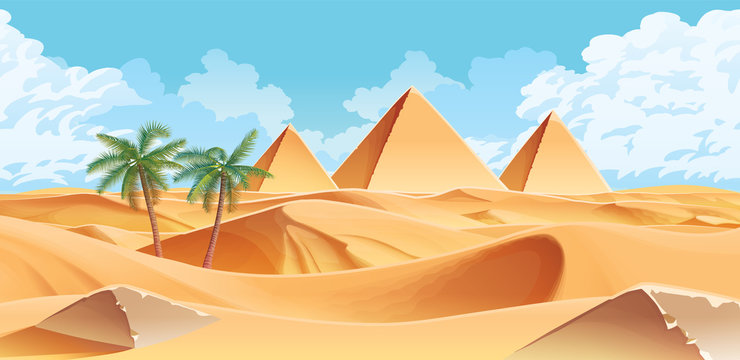 Horizontal background with desert and palms. Pyramids on the horizon.