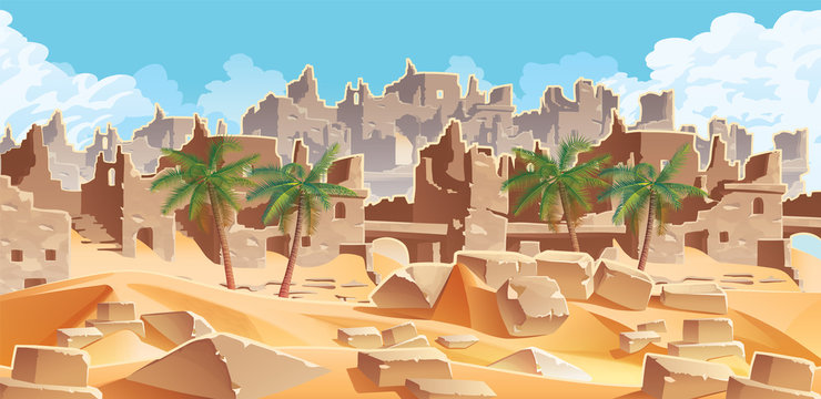 Horizontal background with desert and palms. City ruins on the horizon