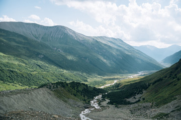 View of ravine and glacier fed river in the Republic of Georgia - 250899149
