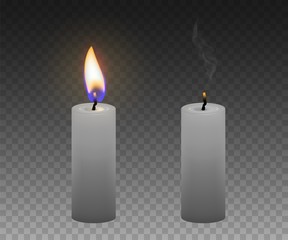 A set of candles. Burning and extinguished candles. Realistic vector