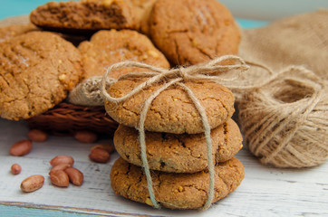Peanut cookies on a homespun cloth with Peanut and cookies. No shugar added. Peanut butter. Peanut butter bakery.