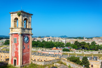 Fototapeta na wymiar Clock Tower and Cityscape in Corfu, Greece