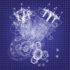 Motorcycle engine on a blue