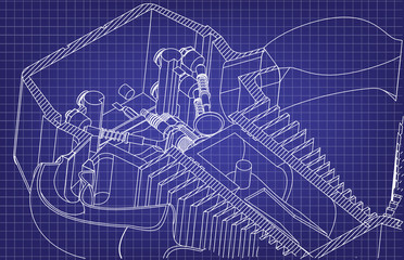 Motorcycle engine on a blue