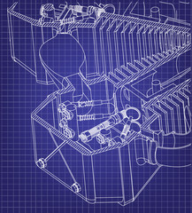 Motorcycle engine on a blue