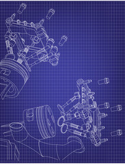 Candle, valve and piston on a blue