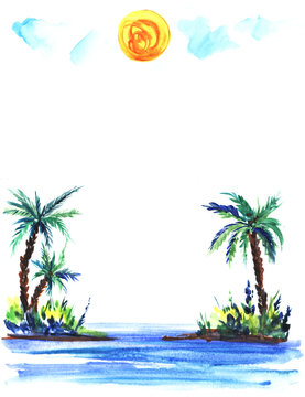 sketch illustration of a green island with lush bushes and palm trees in blue sea waters.Under a light cumulus clouds and round yellow sun  Hand-drawn watercolor illustration