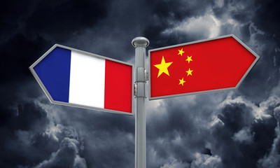 China and France flag sign moving in different direction. 3D Rendering