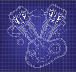 Motorcycle engine on a blue