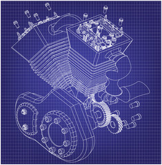 Motorcycle engine on a blue