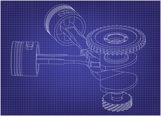 Crankshaft and two pistons on a blue 