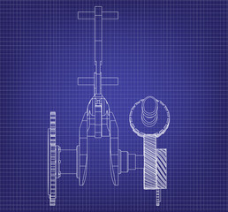 Gears and crankshaft on a blue