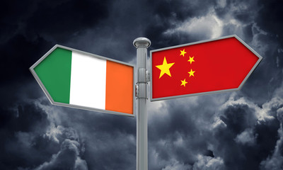 China and Ireland flag sign moving in different direction. 3D Rendering