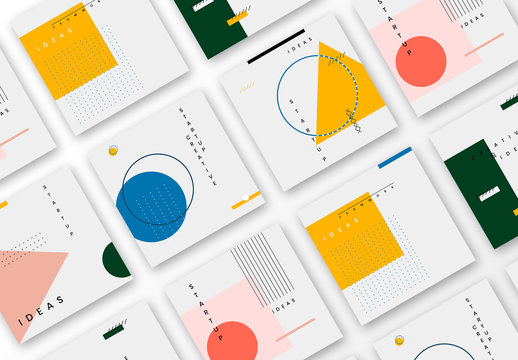 Social Media Post Layouts with Thin Linework and Colorful Geometric Shapes