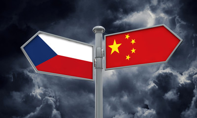 China and Czech Republic flag sign moving in different direction. 3D Rendering