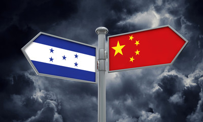 China and Honduras flag sign moving in different direction. 3D Rendering