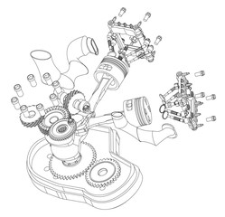 Disassembled motorcycle engine on a white