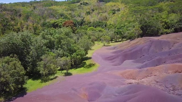 Seven Coloured Earths Chamarel Mauritius. Flight above natural phenomenon with colorful earths.
