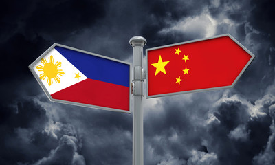 China and Philippines flag sign moving in different direction. 3D Rendering