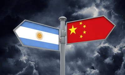 China and Argentina flag sign moving in different direction. 3D Rendering