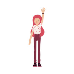 Young smiling red haired woman in a tshirt and pants raised her hand up.