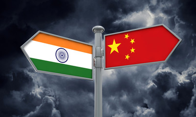 China and India flag sign moving in different direction. 3D Rendering