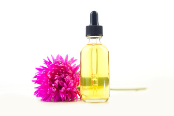 aster essential oil in  beautiful bottle on  White background