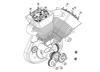 Disassembled motorcycle engine on a white