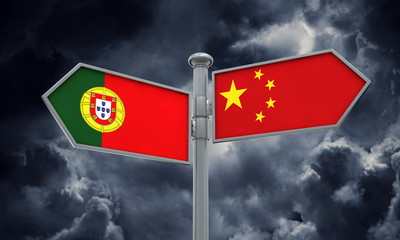 China and Portugal flag sign moving in different direction. 3D Rendering