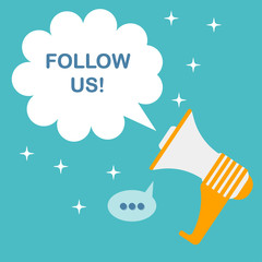Megaphone isolated on background. Follow us. Speaker, loudspeaker. Bullhorn with white speech bubble. Social media, digital marketing concept. Vector illustration. Flat cartoon design