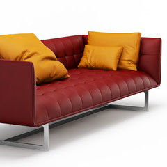 Red leather sofa with orange pillows on a white background 3d rendering