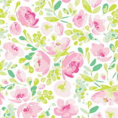 Vector seamless pattern, blooming creamy pink flowers and green foliage. Illustration with floral composition on white background. Use in textiles, interior, wrapping paper and other design.