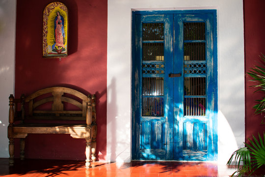 Blue Door In Purple House, Colorful Houses In Tulum, Mexico. 