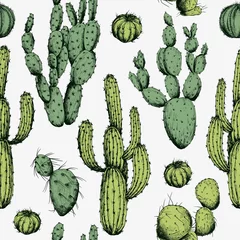 Raamstickers Cactus Naadloze patroon met groene cactus. Hand getekende vector op witte achtergrond.