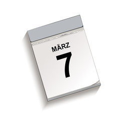 Kalender März 7, Abreißkalender mit Datum, Vektor Illustration isoliert auf weißem Hintergrund