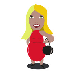 businesswoman in red dress holding a handbag and smiling