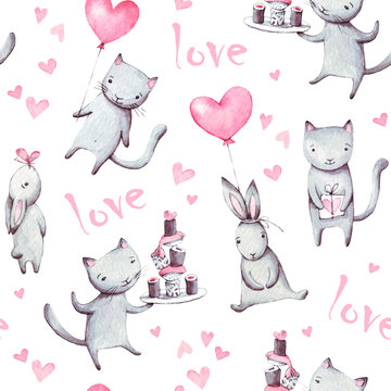 Watercolor illustrations of cats, bunny. Seamless pattern