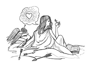 lazy girl dreams of love, cupid suffers, vector, monochrome